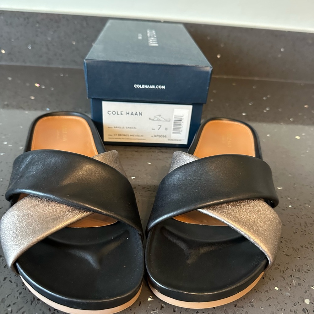 Cole Haan Black and Gold Slide Sandals